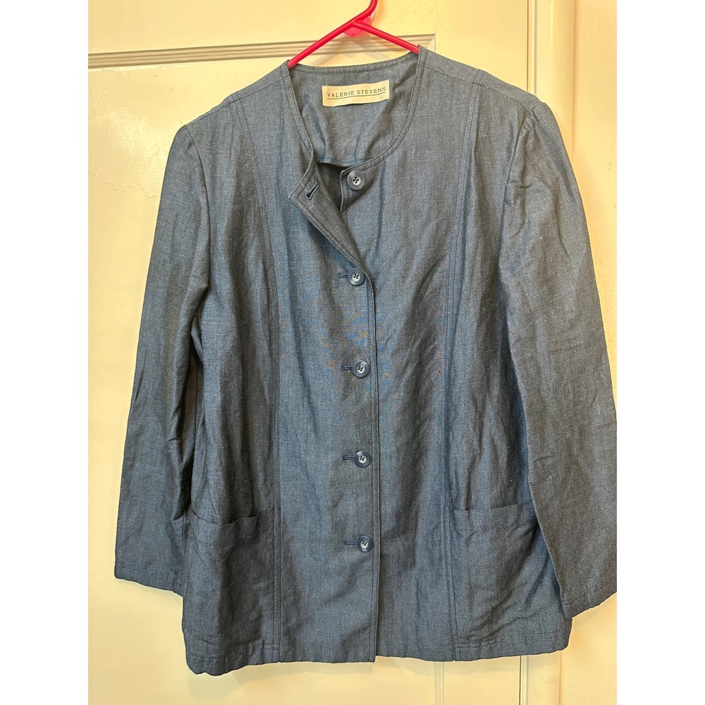 Valerie Stevens Blue Linen Blend Button‎ Front Collarless Jacket Womens Size 6